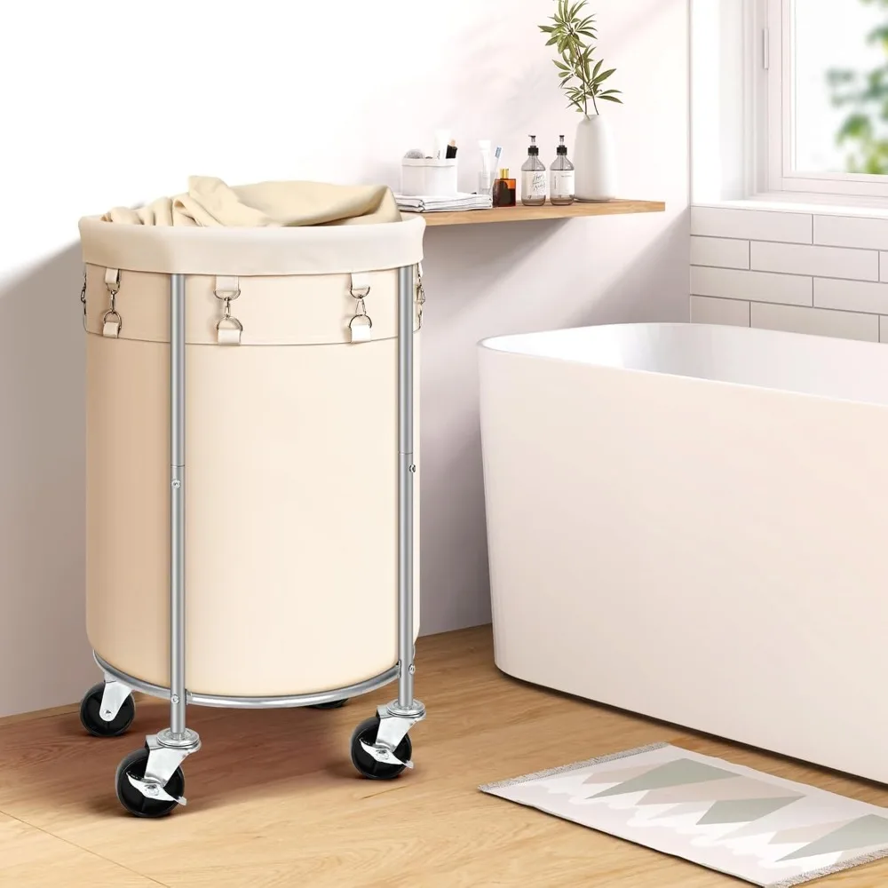 

Laundry Hamper with Wheels, Rolling Laundry Basket, Round Laundry Sorter Cart with Steel Frame and Removable Bag, 4 Casters