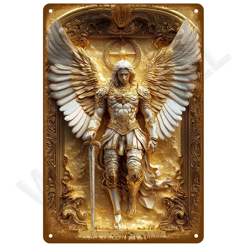 Archangel Warrior Golden Relief Vintage Metal Tin Sign Religious Angel Sculpture Retro Home Living Room Wall Decor Plaque
