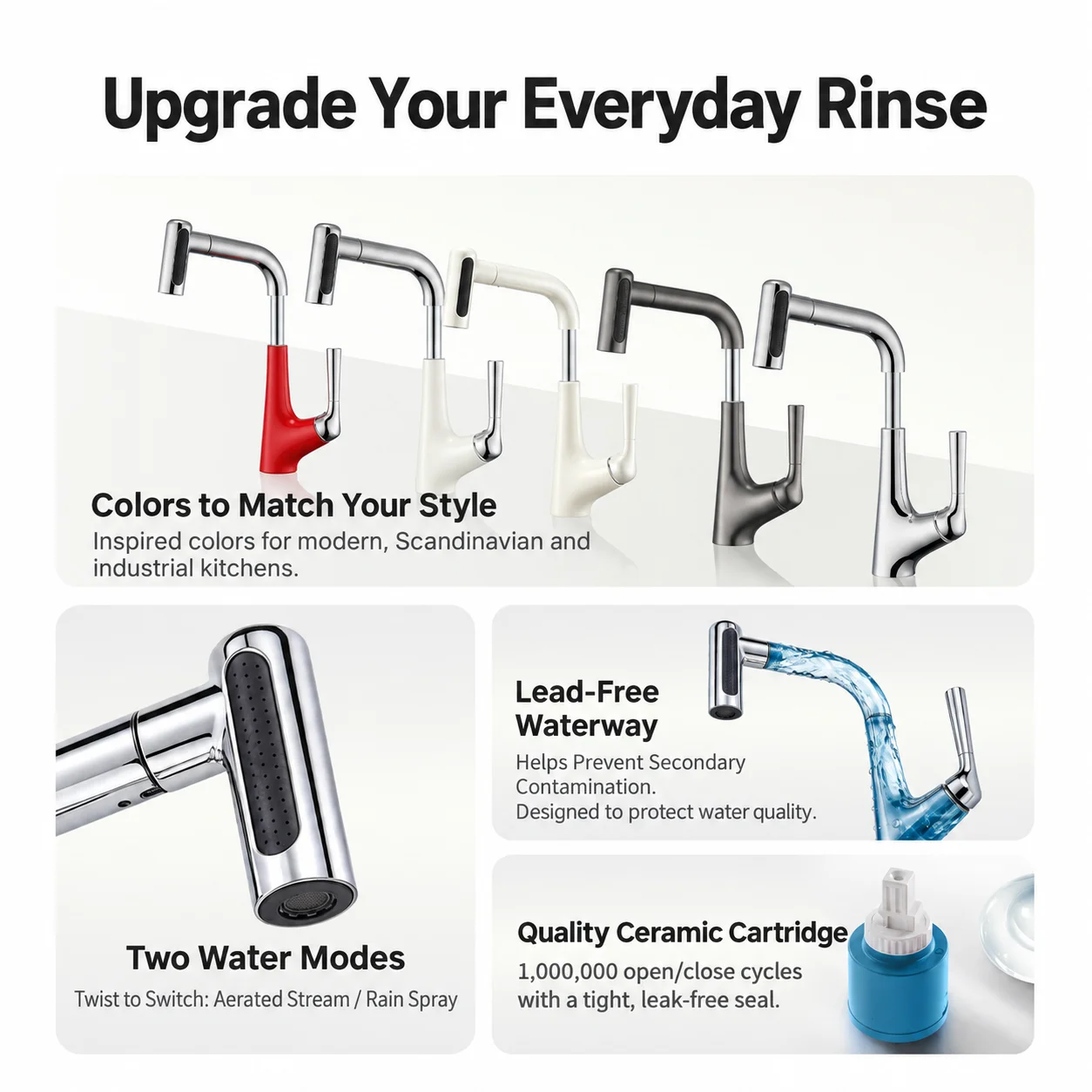 Modern Gold Bathroom Faucet Pull Out Height Adjustable Hot Cold Basin Mixer Tap 360° Swivel for Vanity Sink