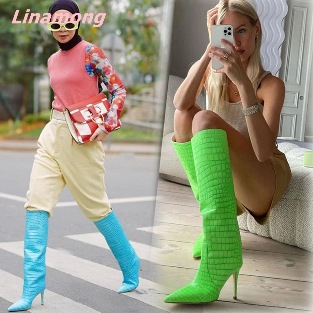 

Trendy Stone Pattern Women Boots Knee-High Pointed Toe Microfiber Genuine Leather Thin High Heels Fashion Comfortable Shoes