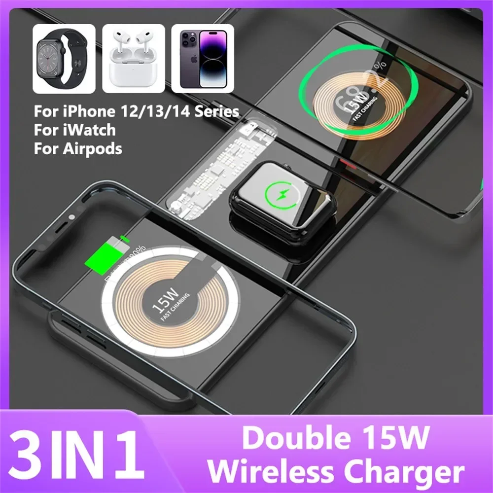 

Transparent Magnetic Wireless Charging Pad 3 in 1 Induction Fast Charger For iPhone 15 14 13 12 Pro Max For Watch SE 8 7 Airpods