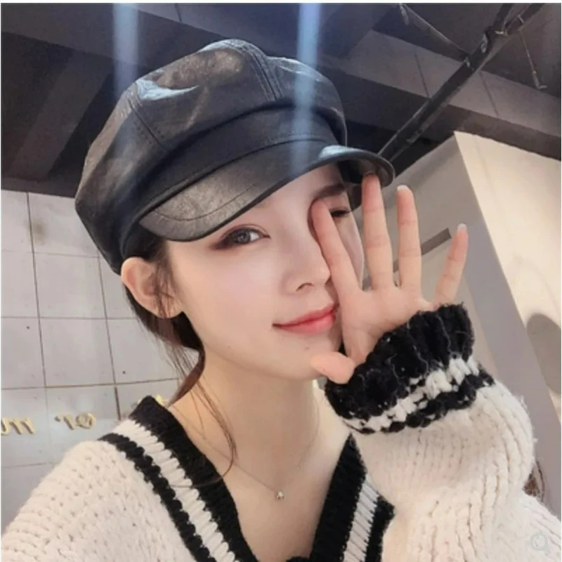 Women Leather Beret with Brim Octagonal Beret Cap Hat Gatsby Peaked Hats Autumn and Winter Street Style