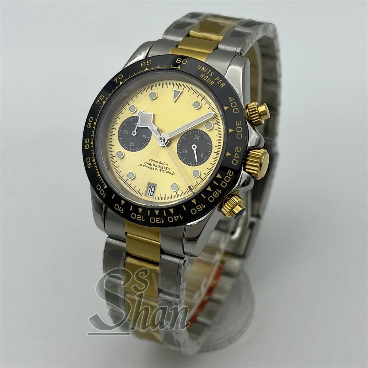 39mm VK64 Quartz Men's Chronograph Watch, Sapphire Glass Black Pink White Blue Yellow Dial 5 Hands C3 Luminescent 6 O'Clock Date