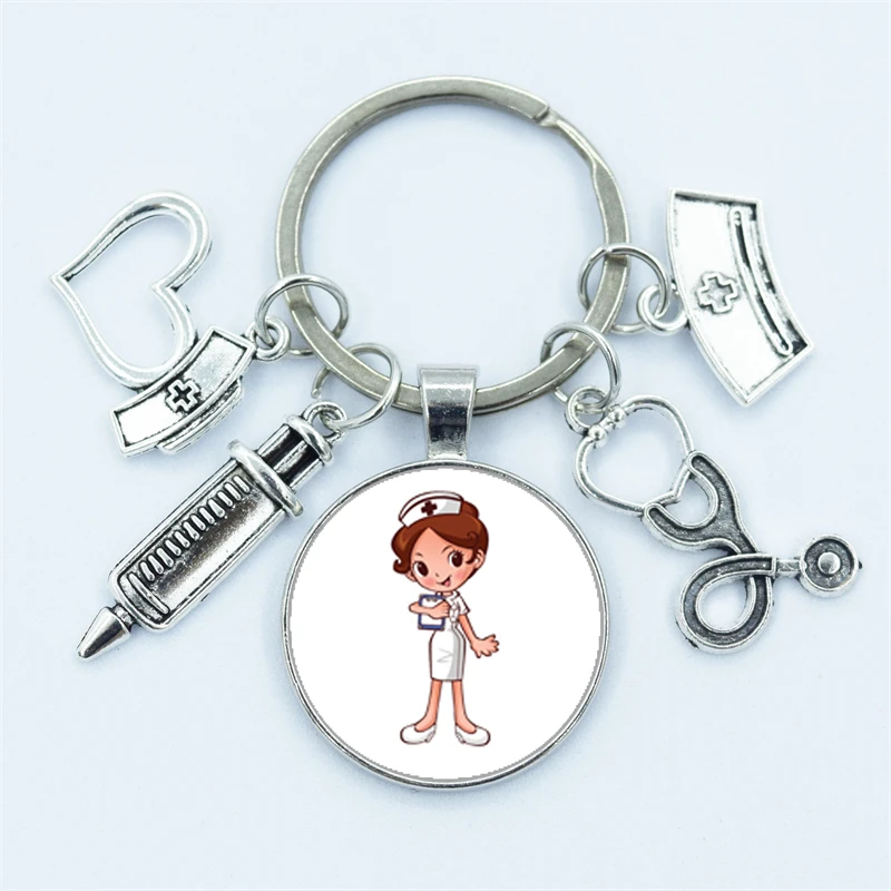 High / New Quality 1 Piece Nurse Medical Syringe Image Key Chain Glass Cabochon and Glass Dome Key Ring Pendant Gift