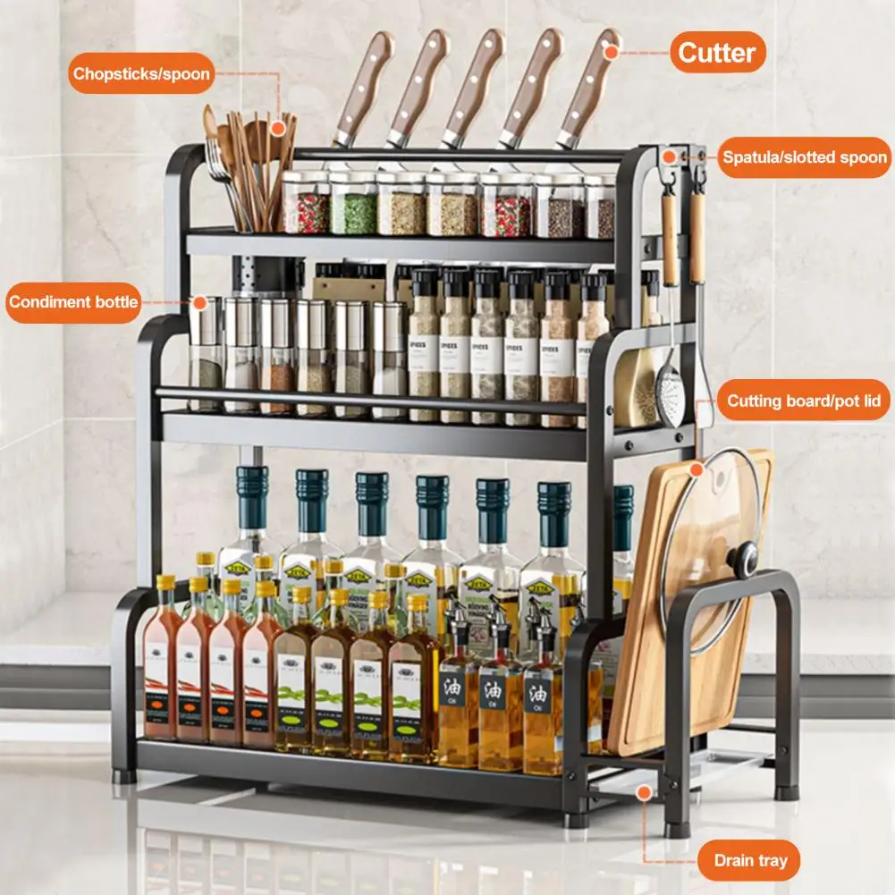 Standing Spice Rack, 3-Tier Kitchen Countertop Shelf with Stepped Design, Spice Rack Organizer and Hooks, Utensil Holder, Choppi