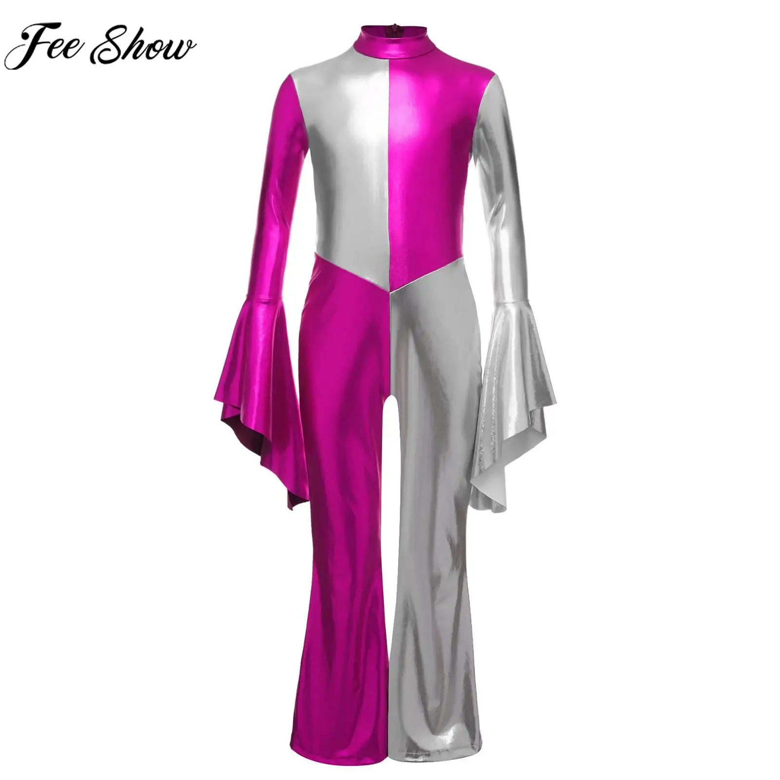 

Детский карнавальный костюм в стиле диско-хиппи 70-х годов для девочек, блестящий металлический комбинезон с расклешенными рукавами и расклешенными рукавами для тематической вечеринки на Хэллоуин