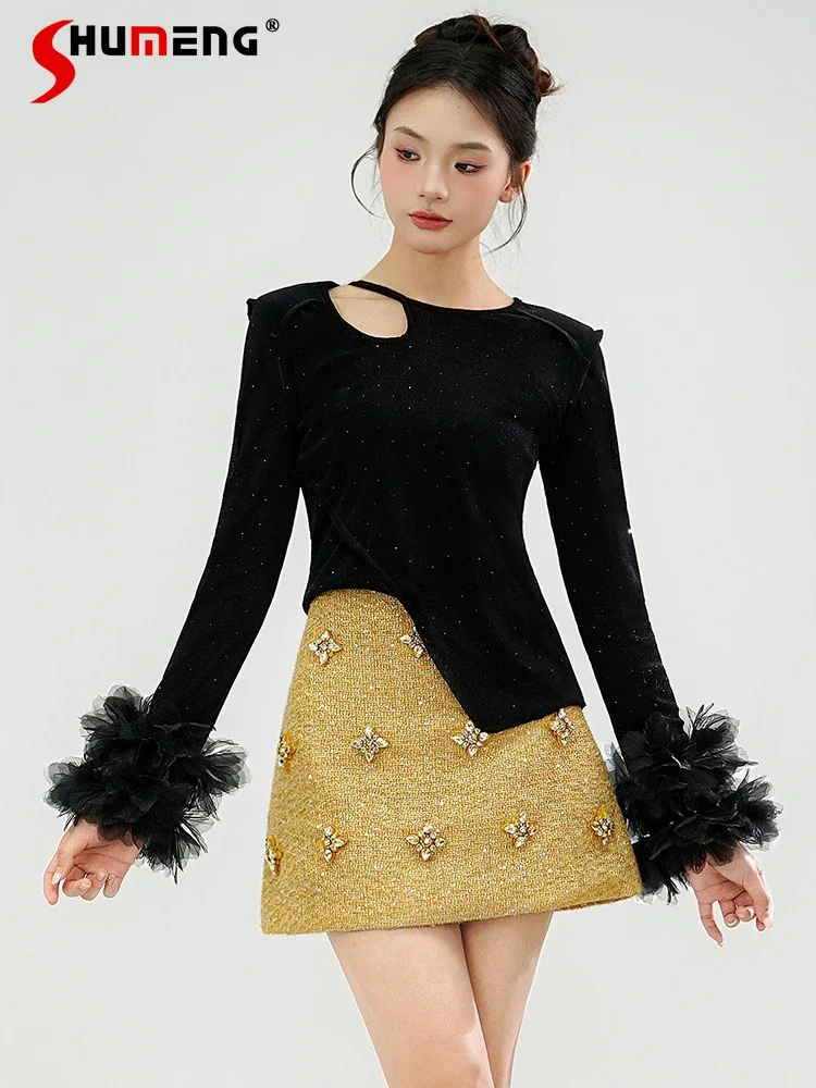 

Feminine Temperament Skirts Women's 2024 Autumn Winter New Hand-sewn Bead Diamonds Design Skirts Waist-tight Hip A-line Skirt