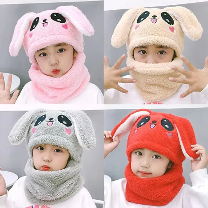 Winter Cartoon Rabbit Coral Velvet Cap Plush Balaclava Kids Caps Double Fleece Baby Scarf Hat Children