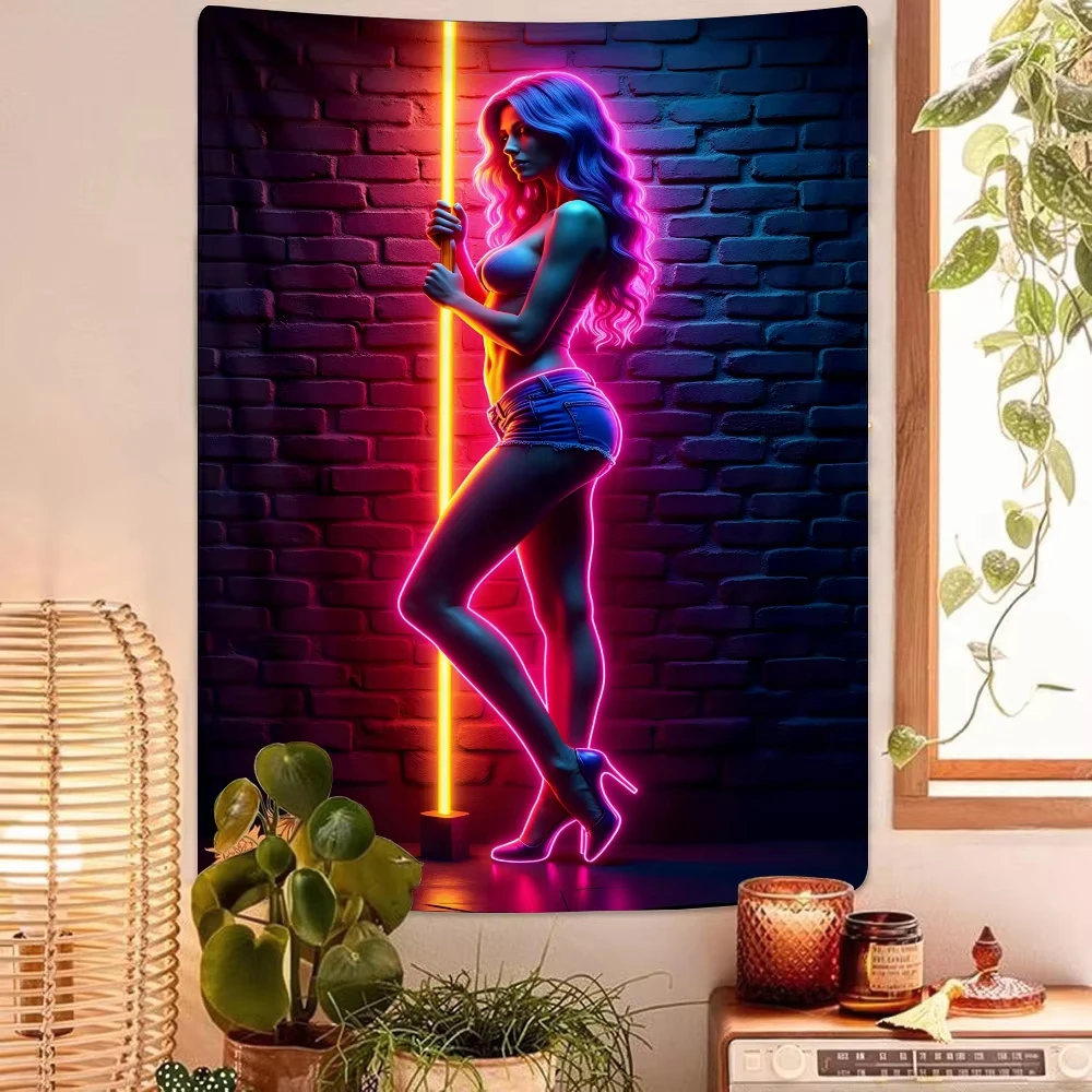 VIKAMA Neon Cybergirl Tapestry Cyberpunk Gradient Background Fabric Personalized Trendy Style Living Room Sofa Room Decoration