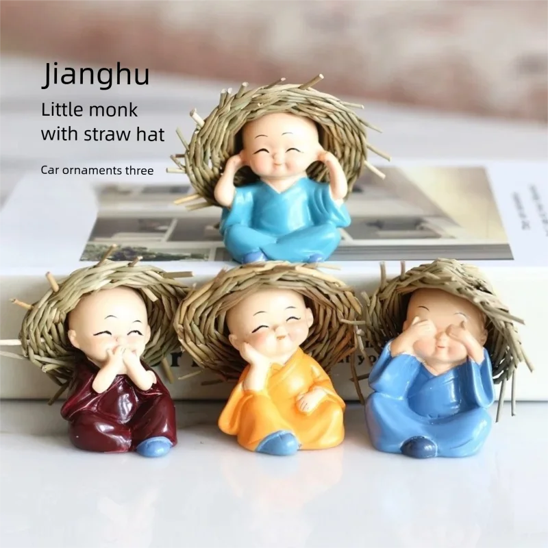 Straw Hat Four Little Monk Car Washing Figurine Sculpture Cute Buddha Statue Creative Buddha Doll Car Decoration Resin Craft Gif