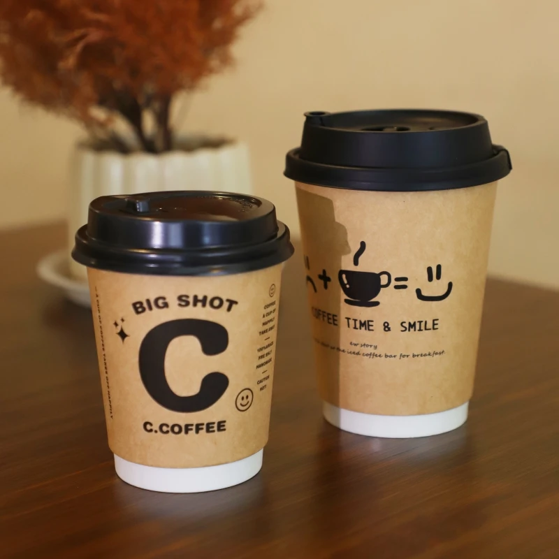 50Pcs 8/10/14oz Disposable Kraft Paper Coffee Cups Double‑Wall Insulated Takeaway Coffee Tea Milk Juice Paper Cup for Cafe Shop