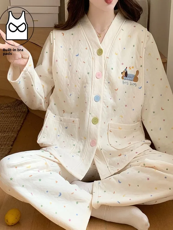 

Thickened Pure Cotton Postpartum Sleepwear Maternity Nightgown Lactation Suit Winter Autumn Seasonal Mommy Clothes Air Cotton