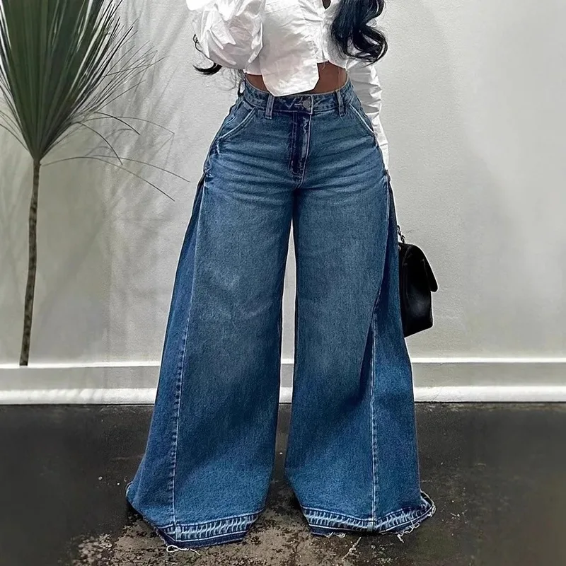 QICHE 2026 New Collection European American Y2K Women Jeans Blue Washed Patchwork Tassel Floor‑Length Wide Leg Flare Denim Pants