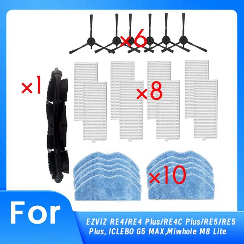 For EZVIZ RE4/RE4 Plus/RE4C Plus/RE5/RE5 Plus/ICLEBO G5 MAX/Miwhole M8 Lite Vacuum Main Side Brush Mop Filter Ultra Durable