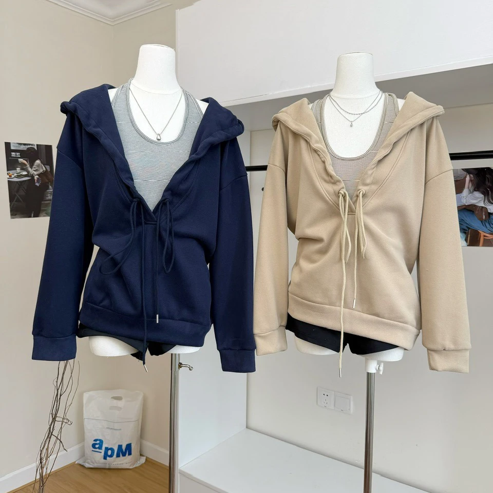 Autumn Trend Two Piece Set Loose V-neck Drawstring Hooded Tops Slim Halter Striped Sun-top 2025 Fashion Student Commute Suit
