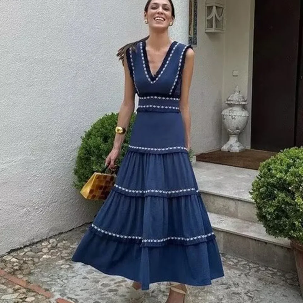 

Retro Spliced Tassels Long Dress Women's Summer High Waist Sleeveless V-neck Cheongsam Dress Fashionable Clothing Knitted Dress