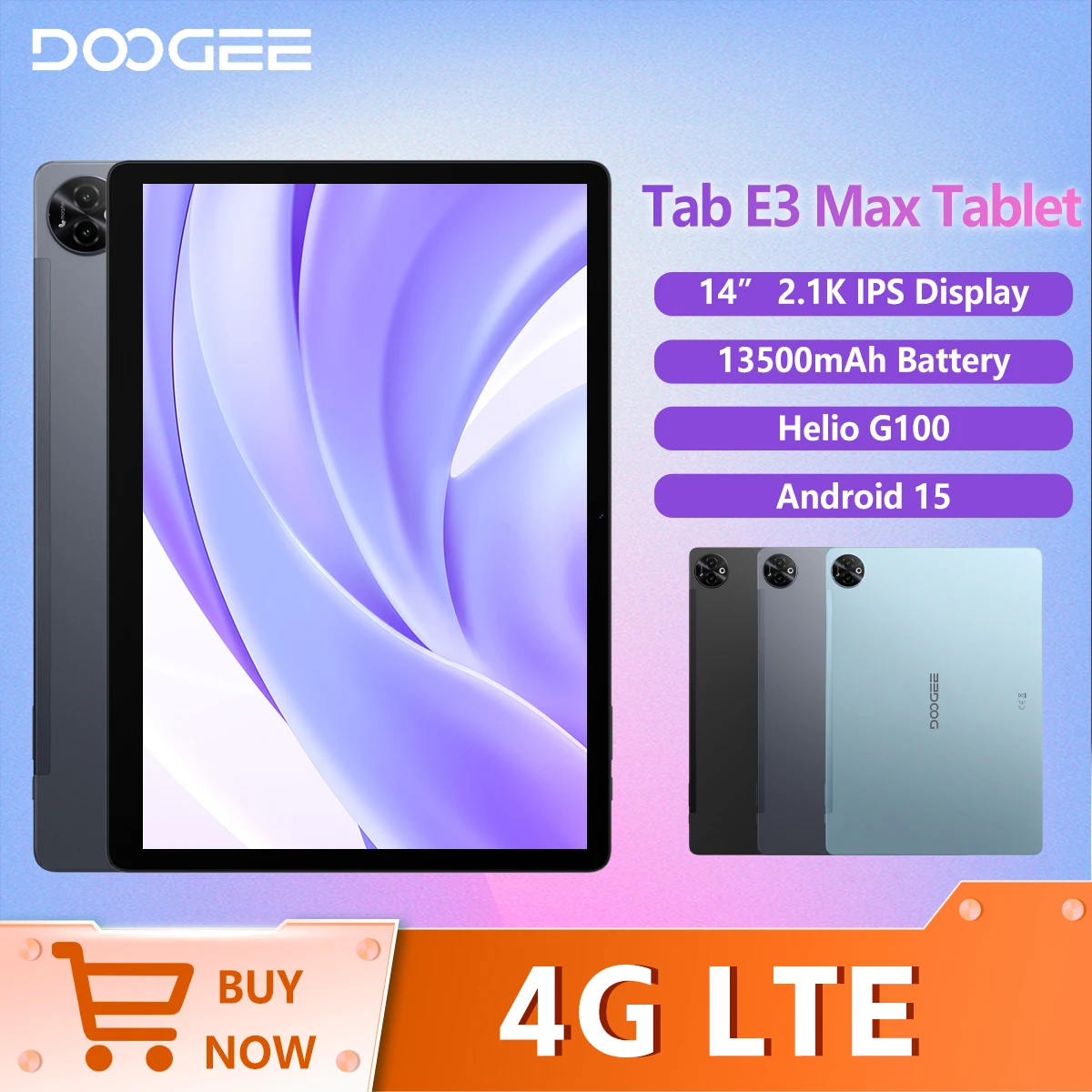 Планшет DOOGEE Tab E3 Max на Android 15 с ИИ-процессором Gemini, четырьмя динамиками, 14-дюймовым 2.1K дисплеем, 8 ГБ ОЗУ, 256 ГБ памяти, аккумулятором 13500 мАч, умный планшет