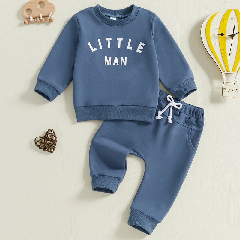 Toddler Boy Fall Outfits Letter Pattern Long Sleeve Crew Neck Tops with Elastic Waist Pants 2 Pcs Set