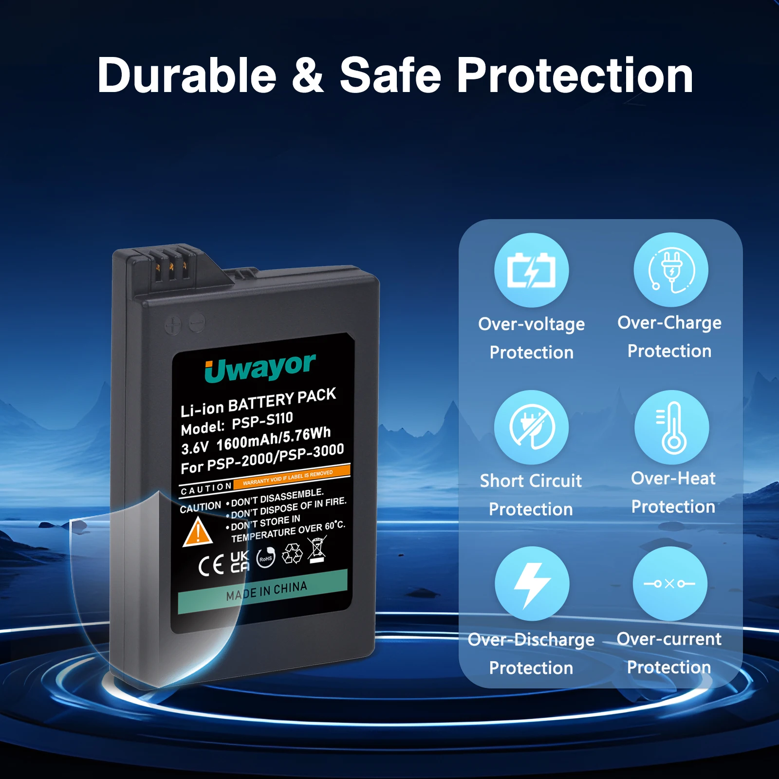 Аккумулятор UWayor PSP 3000/2000, 1600 мАч с кабелем зарядного устройства PSP для консоли PSP3000/PSP2000, PSP-3001, PSP-3000, PSP-3002, PSP-S110