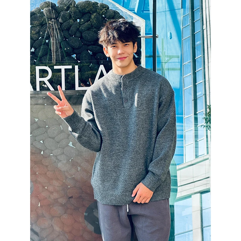 

Мужской вязаный свитер-поло Henry Collar: базовый слой в американском стиле, осенне-зимняя верхняя одежда, приталенный крой, в стиле преппи