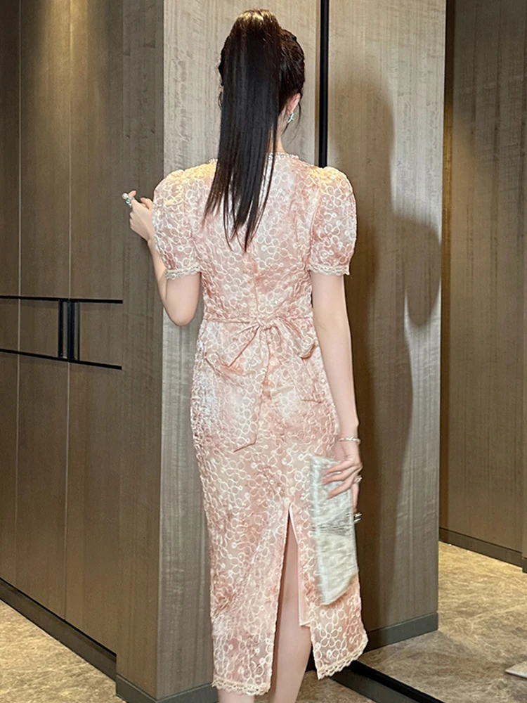 Celebrity Socialite Birthday Party Dress Women Sweet Exquisite Diamond Pearl Bright Sequin Bandage Bow Midi Robe Banquet Vestido