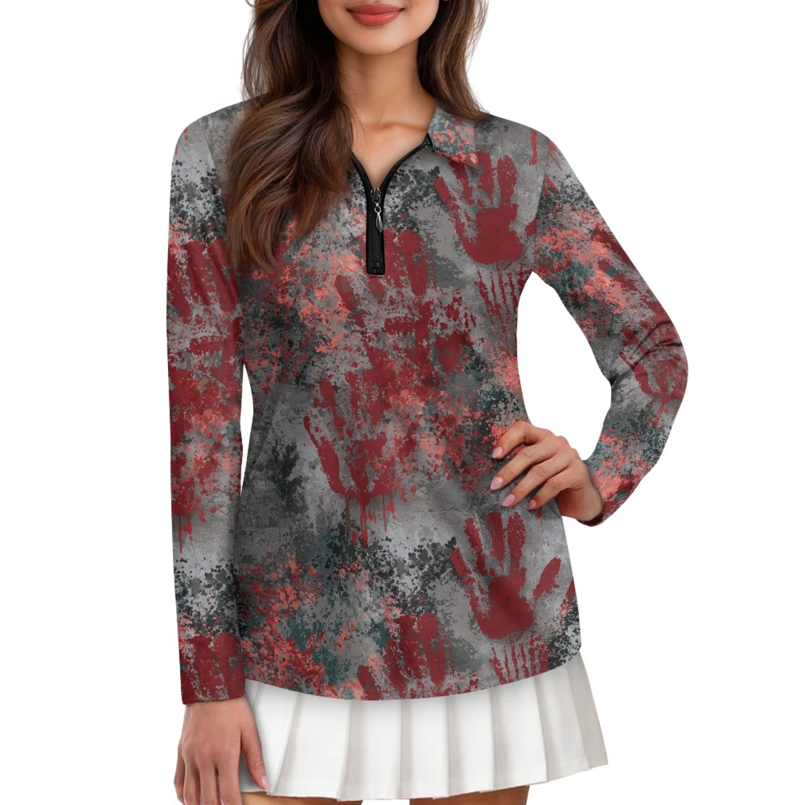 PENSTROLL Red Gray Ink Splatter Womens Plus Size Golf Shirts for Women Soft Tennis Polo Shirt for Tennis Court