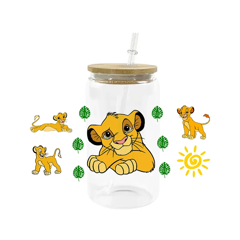 Königlicher Löwen-Design 3D Cartoon 16oz Libbey UV DTF Becherfolien-Transferaufkleber DIY Tassen-Etiketten Wasserdichte Aufkleber Dekoration