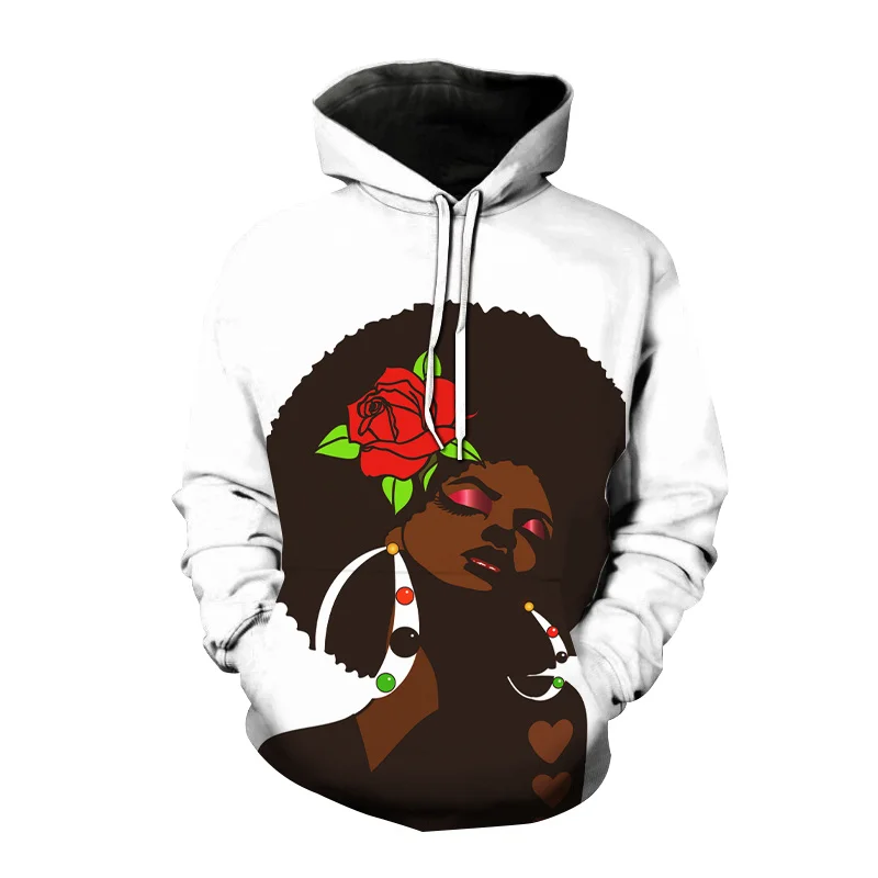 Hoodies com padrão feminino negro africano, moletom casual solto impresso em 3D, ao ar livre, tendência da moda, homens, mulheres, primavera, outono