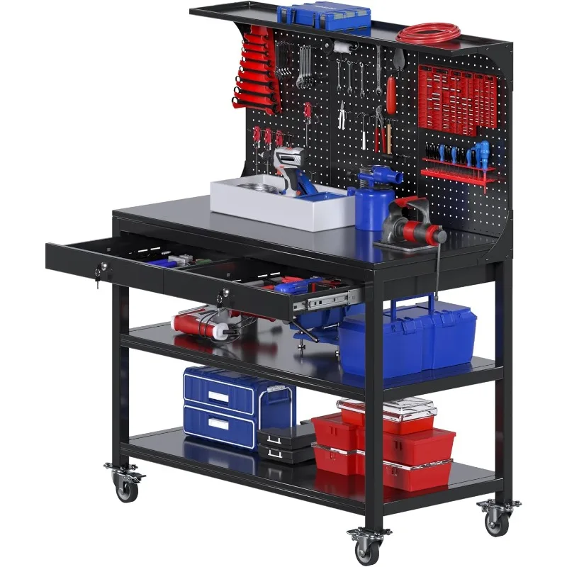 

Metal Workbench with Drawers, 59" H Steel Workbench with Shelves, Heavy Duty Work Table with Wheels