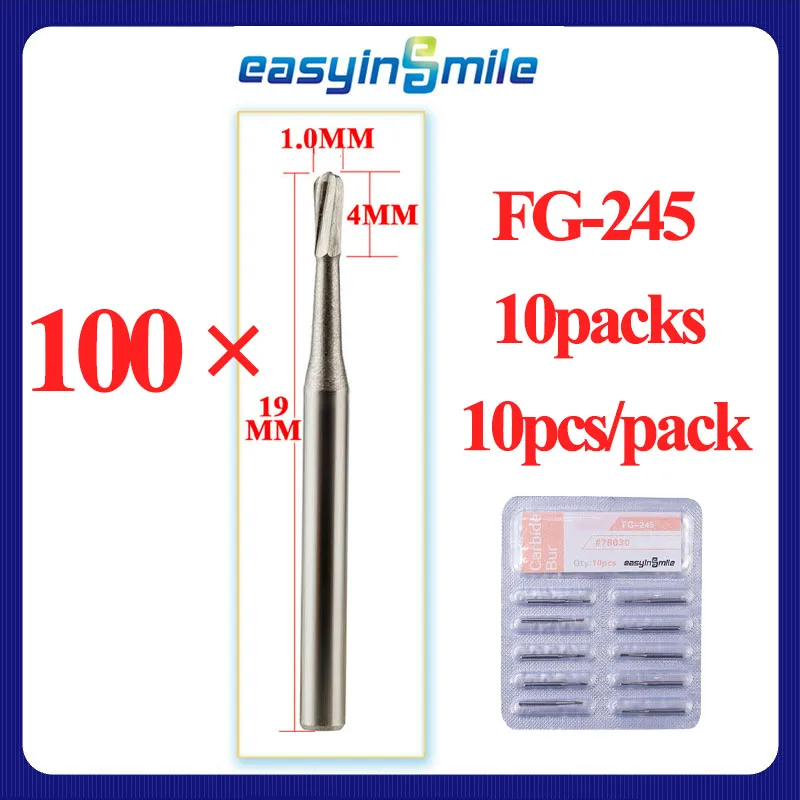 100Pcs/10Box Dental Carbide Burs Tungsten Steel Crown Cutting Bur Drill for High Speed Handpiece FG-245 Head 1*19*4mm