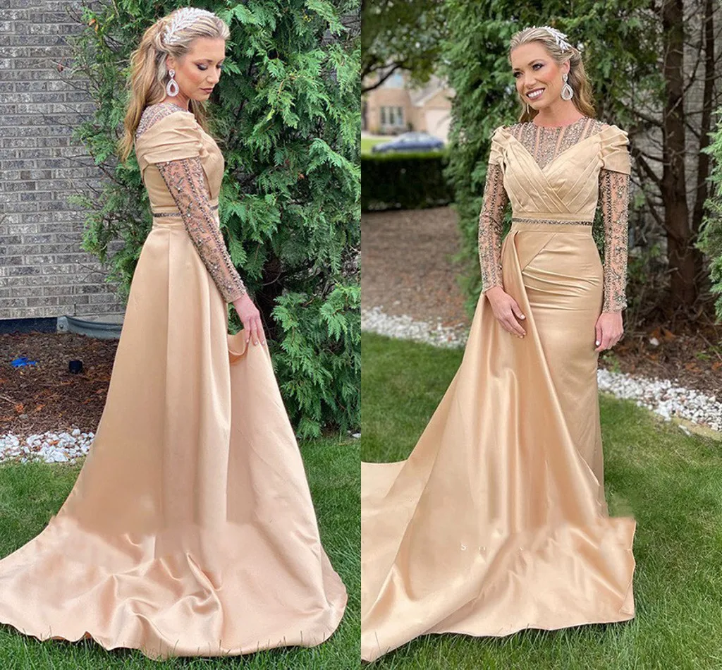 Robe de bal couleur Champagne à manches longues, luxueuse tenue de soirée, style sirène, perlée, cristal, arabe, dubaï