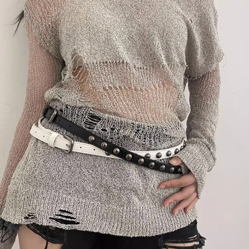 Punk Rivet Studded Belt Goth Row Pyramid Square Bead PU Vintage Punk Rock Grommet Belt for Jeans Pants Accessories