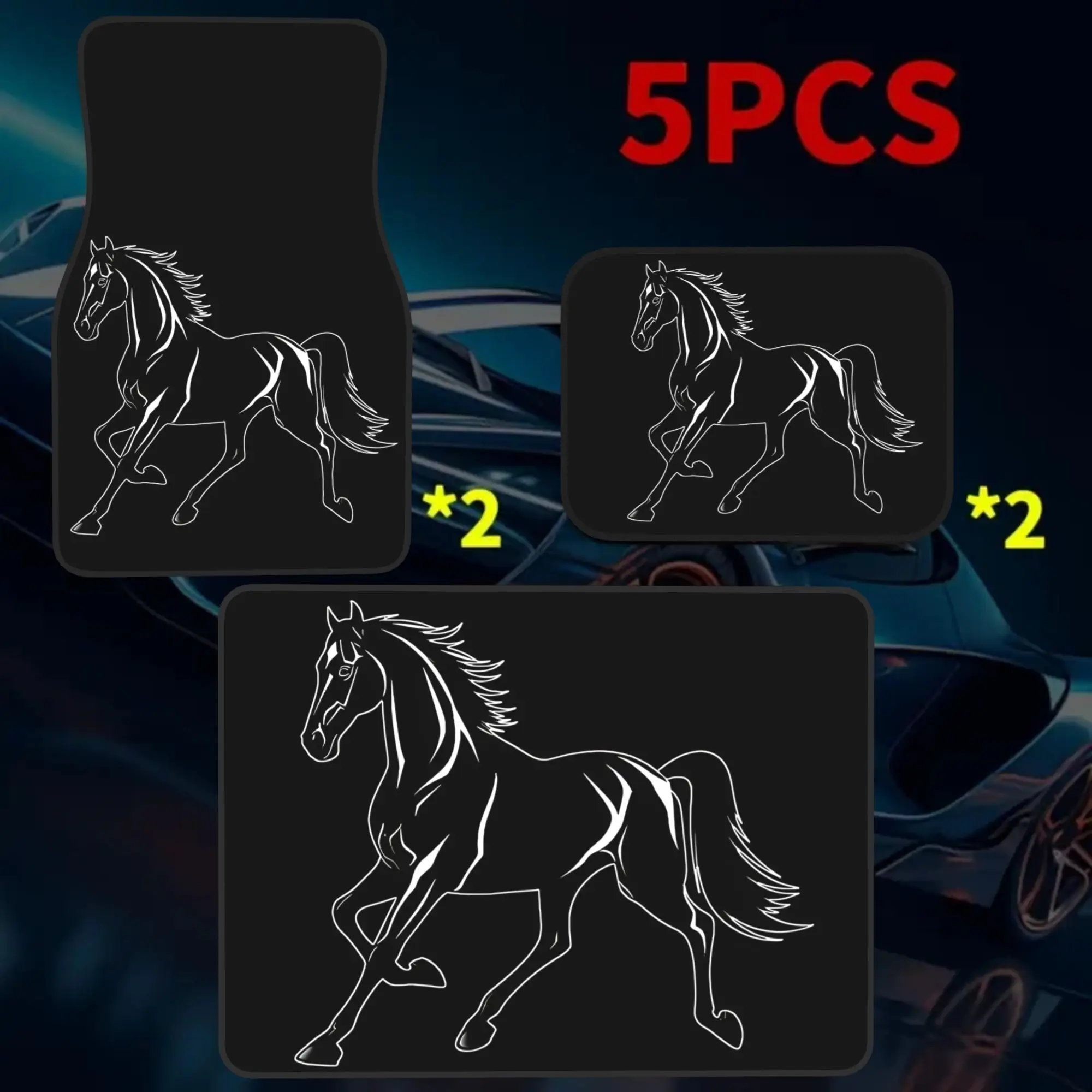 5pcs Steed Pattern Printed Car Mats Set (4 Floor Mats + 1 Trunk Mat), Made Of Durable Elegant Interior Protection, Ideal For Eas