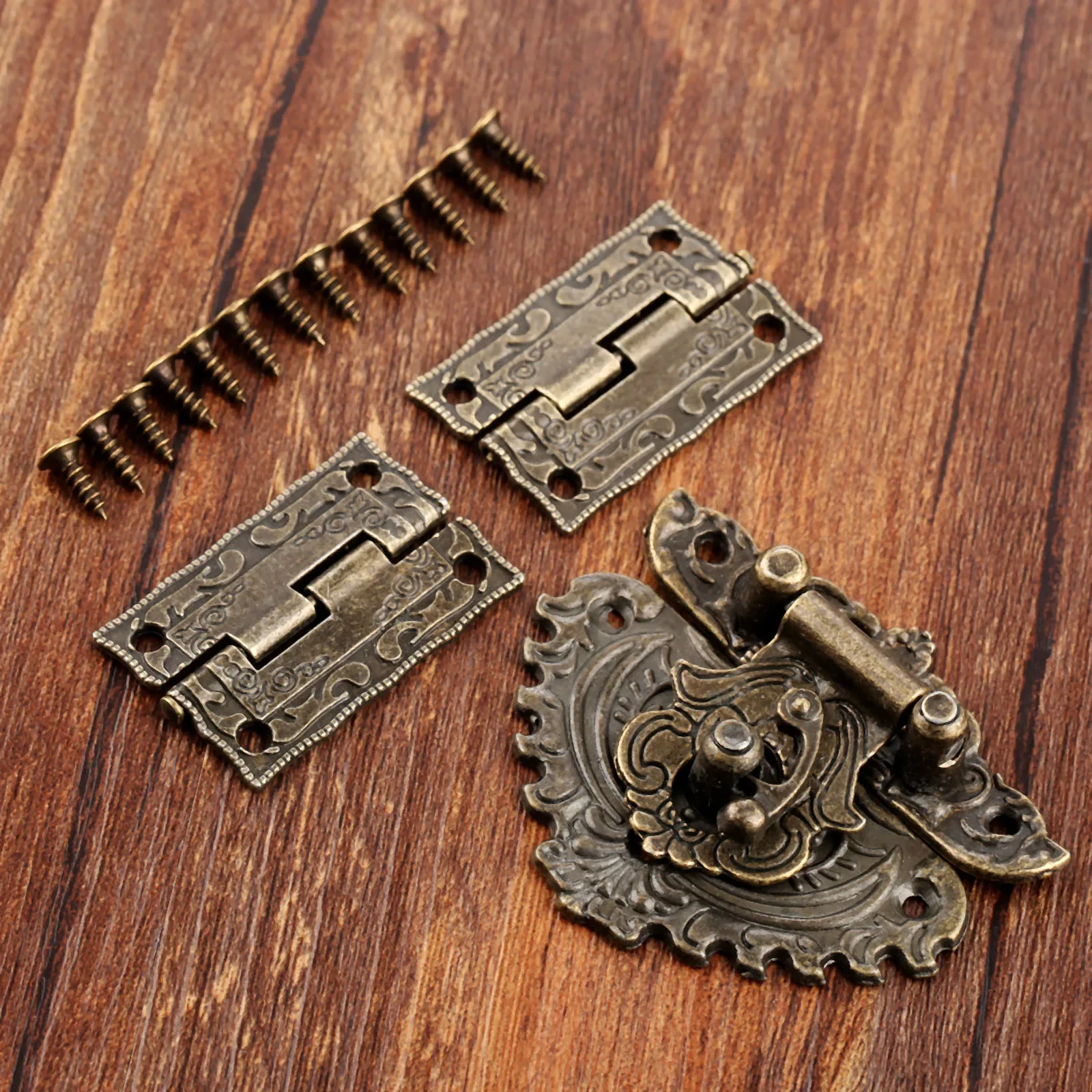 3pcs/set Antique Bronze Padlock Wood Box Latch Hasp+Suitcase Cabinet Hinge Furniture Decorative Hardware Retro