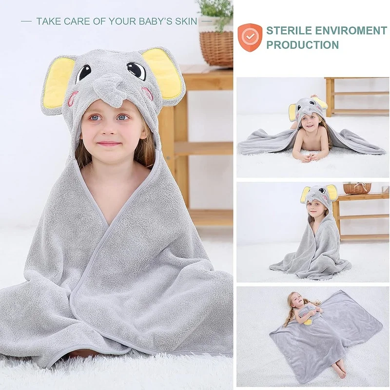 MICHLEY Cartoon Hooded Baby Bath Towel with Hood Soft Warm Elephant Blanket Bathrobe Unisex For Boys Girls Kids Newborn 0-9T