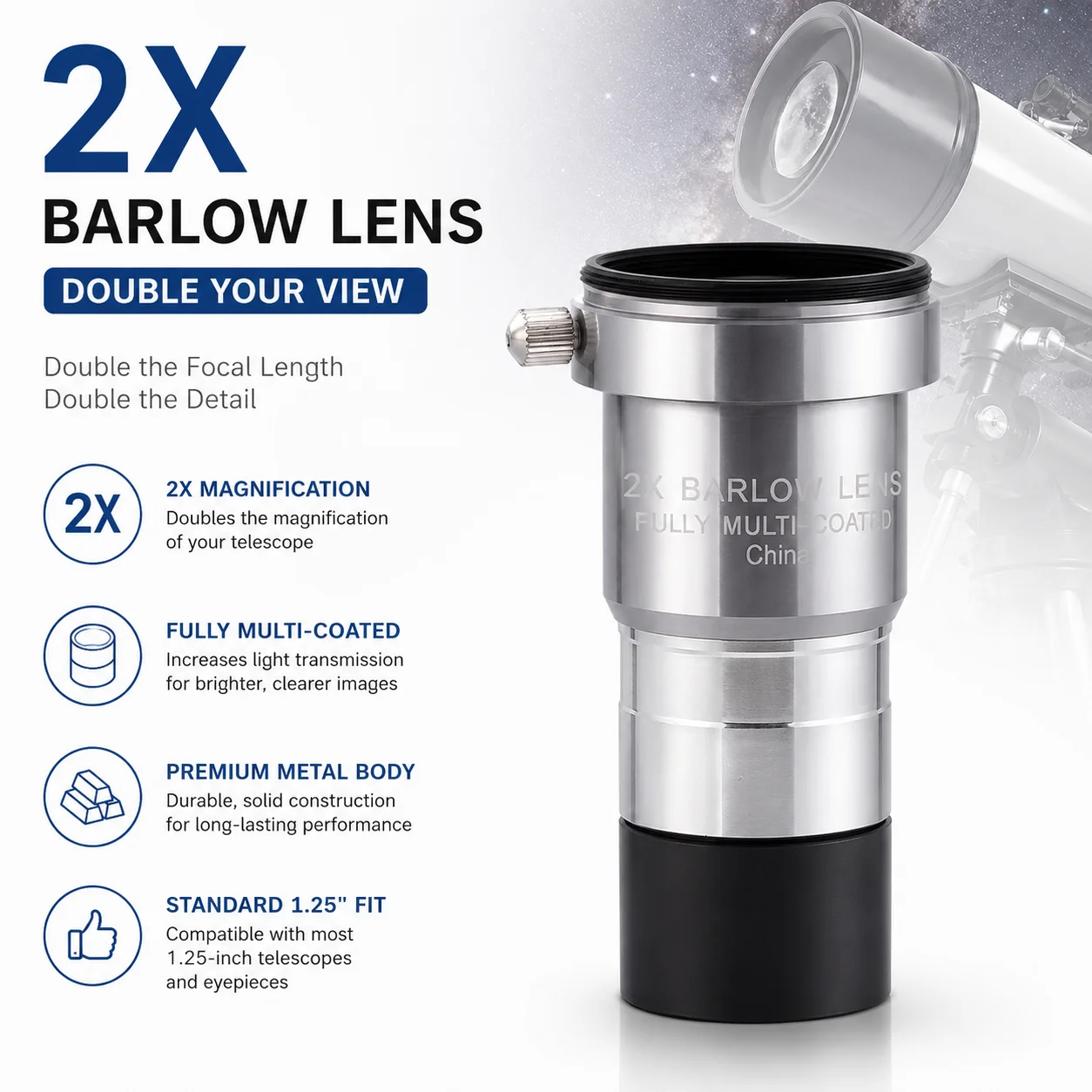 Universal Silver 2X Barlow Lens Double Magnification M42 Thread for 1.25
