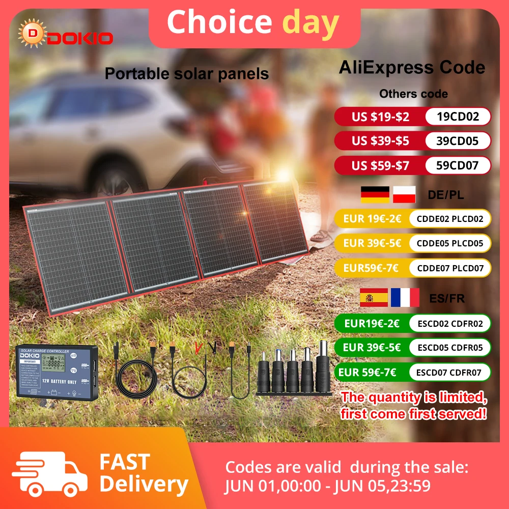 Dokio 100/160/200/300 W tragbares, flexibles, faltbares 18-V-Solarpanel mit 12-V-Controller-Kit zum