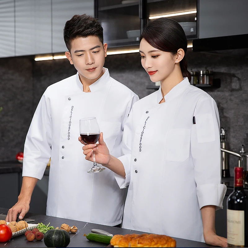 Chaqueta de Chef negra, uniforme de chef de manga larga, abrigo de cocinero, camiseta de Chef, uniforme de trabajo de panadero, camarero, restaurante, ropa de Hotel, logotipo para mujer