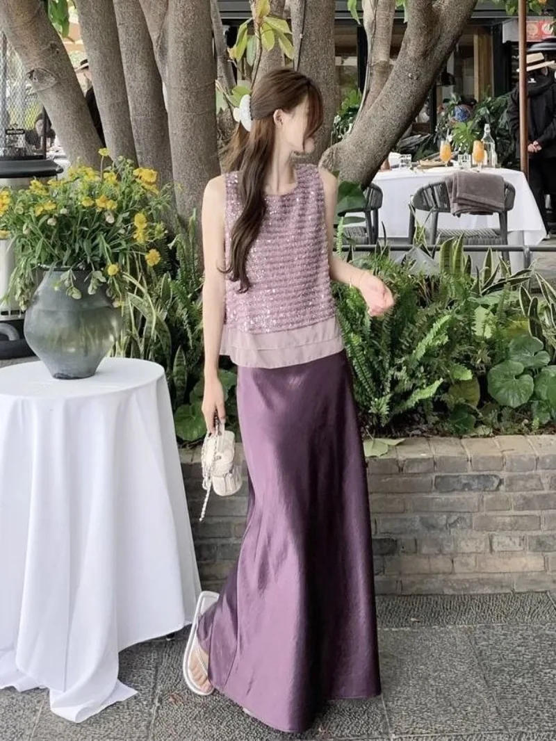 New High End Fashion Sequin Women's Two Piece Set Summer Elegant Sleeveless Vest Top + A-line Long Skirt Small Fragrance Suit