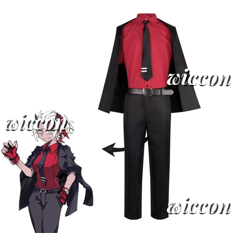 Rechtvaardigheid Cosplay Spel Helltaker De Geweldige Demon Kostuum Justice Uniform Pruik Shirt Broek Staart Pak Feest Outfit Voor Vrouw Man