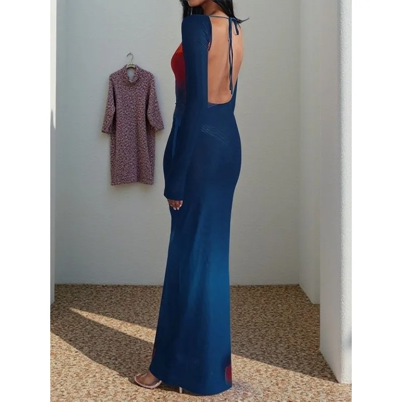 Herbst und Winter Wischen Premium Urlaub Elegante Neue Damen Hip Wrap Rock Sexy Blumendruck Rückenfreies Langarmkleid