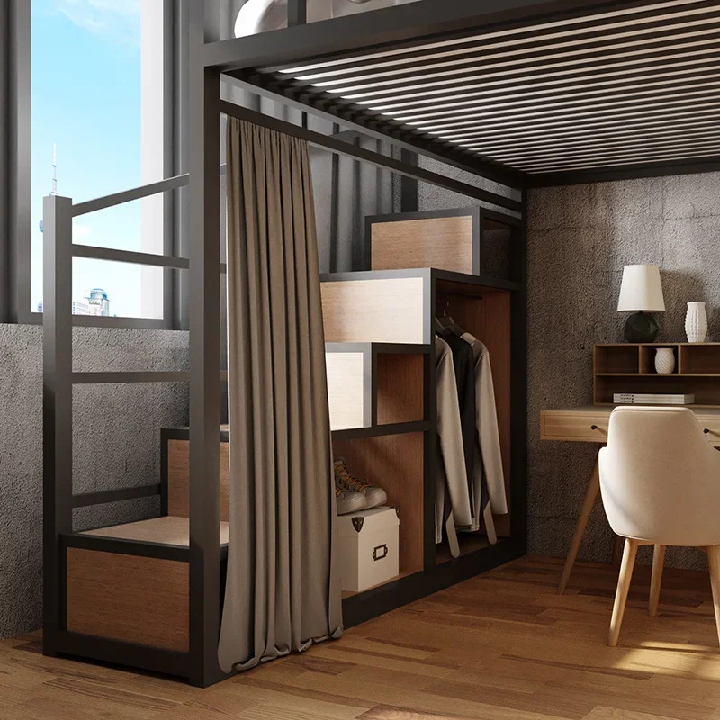 l  # Customized Modern metal loft bunk bed with storage Apartment Dormitory Iron Bed Space-Saving queen loft bed with stairs