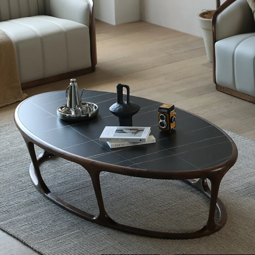 

Light Luxury Oval Stone Plate Coffee Table Living Room Log Minimalist Solid Wood Glass Sofa Table