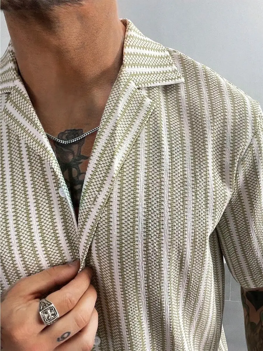 Conjunto de 2 Piezas GloMan Estilo Bohemio para Hombre, Camisa y Pantalones Cortos de Crochet, Camisa Texturizada con Rayas Multicolor, Adecuado