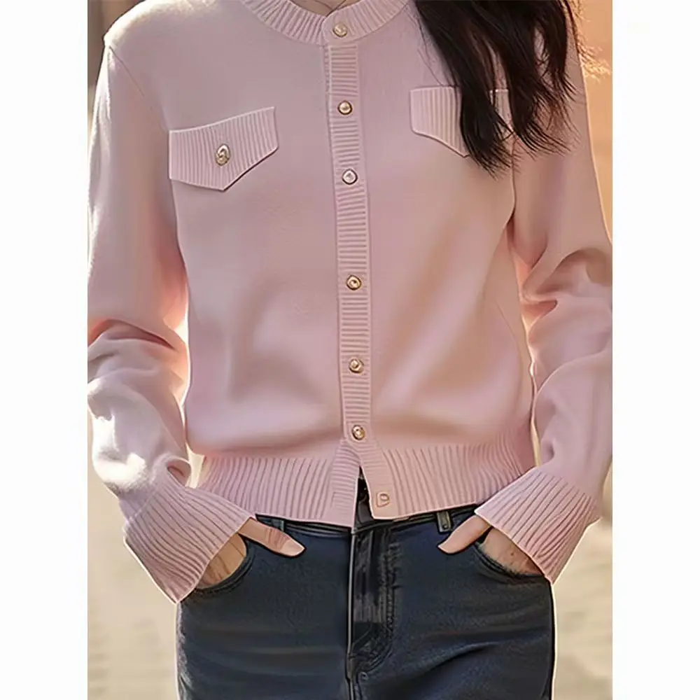 Korean Knitted Women Cardigan Office Lady Light Mature Style High Grade Pink Sweater Women Top Long Sleeve Slim Women Clothing