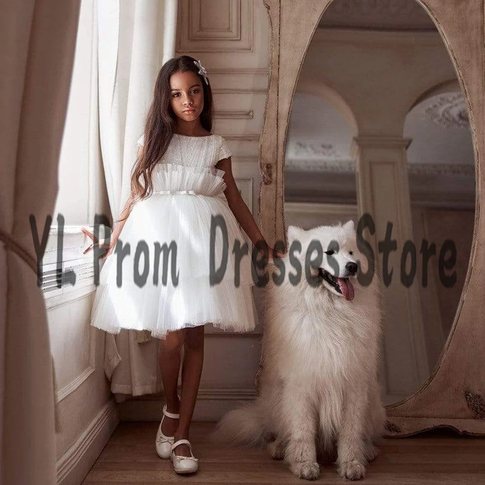 

YL White Scoop Neck First Communion Gowns Mini Length Tulle Beach Wedding Party Dress For Kids Baby A-Line Flower Girl Dresses