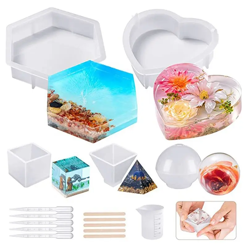 FOR HOME Resin Molds Silicone Kit, Large Silicone Molds for Epoxy Resin, Flowers Preservation, Including Hexagon, Heart, Sphere,