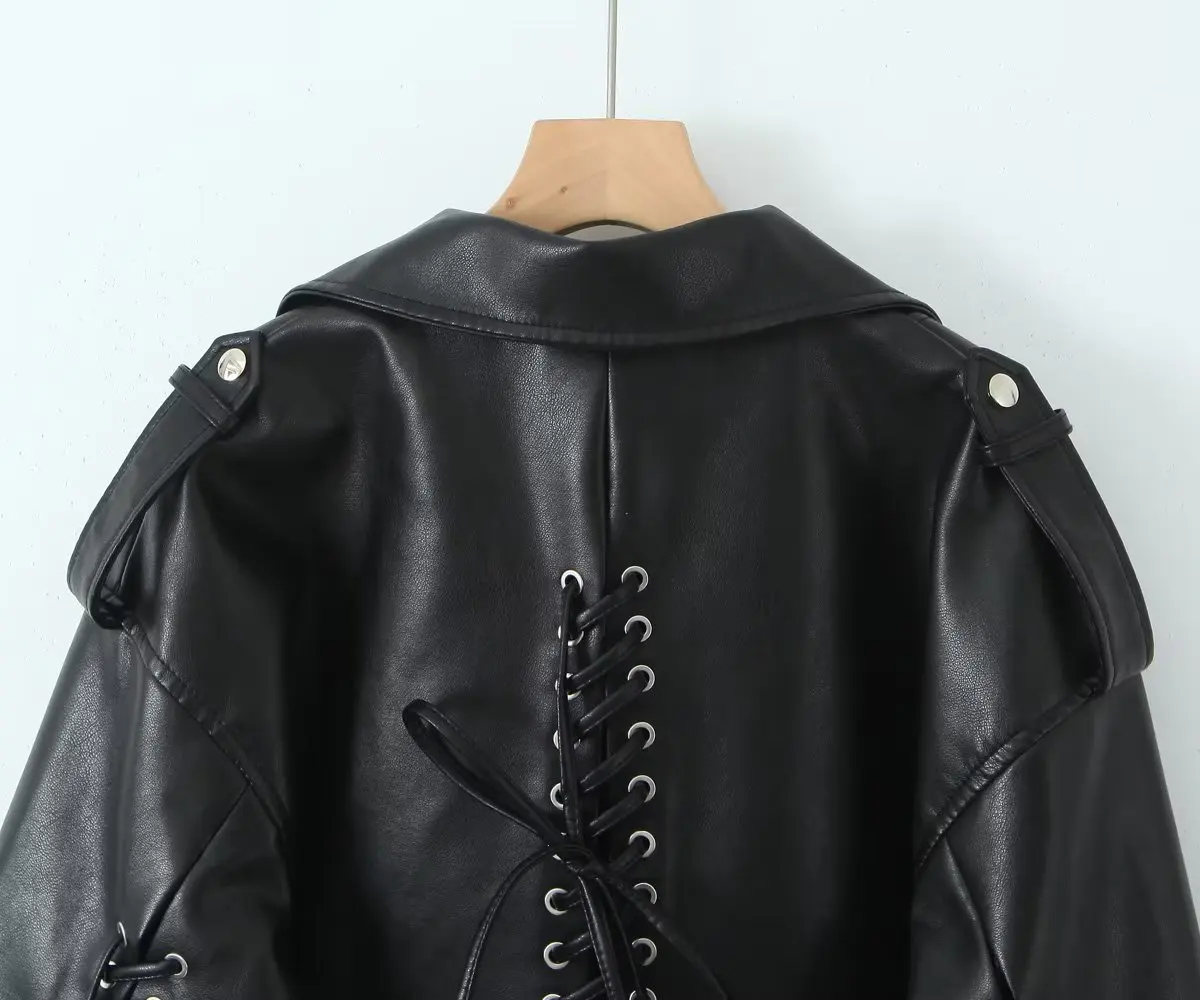 Vintage Bomber Jacket Women Lace Up Faux Leather Jacket Gothic Water Washed Moto Biker Coat Spring Autumn Women Clothing