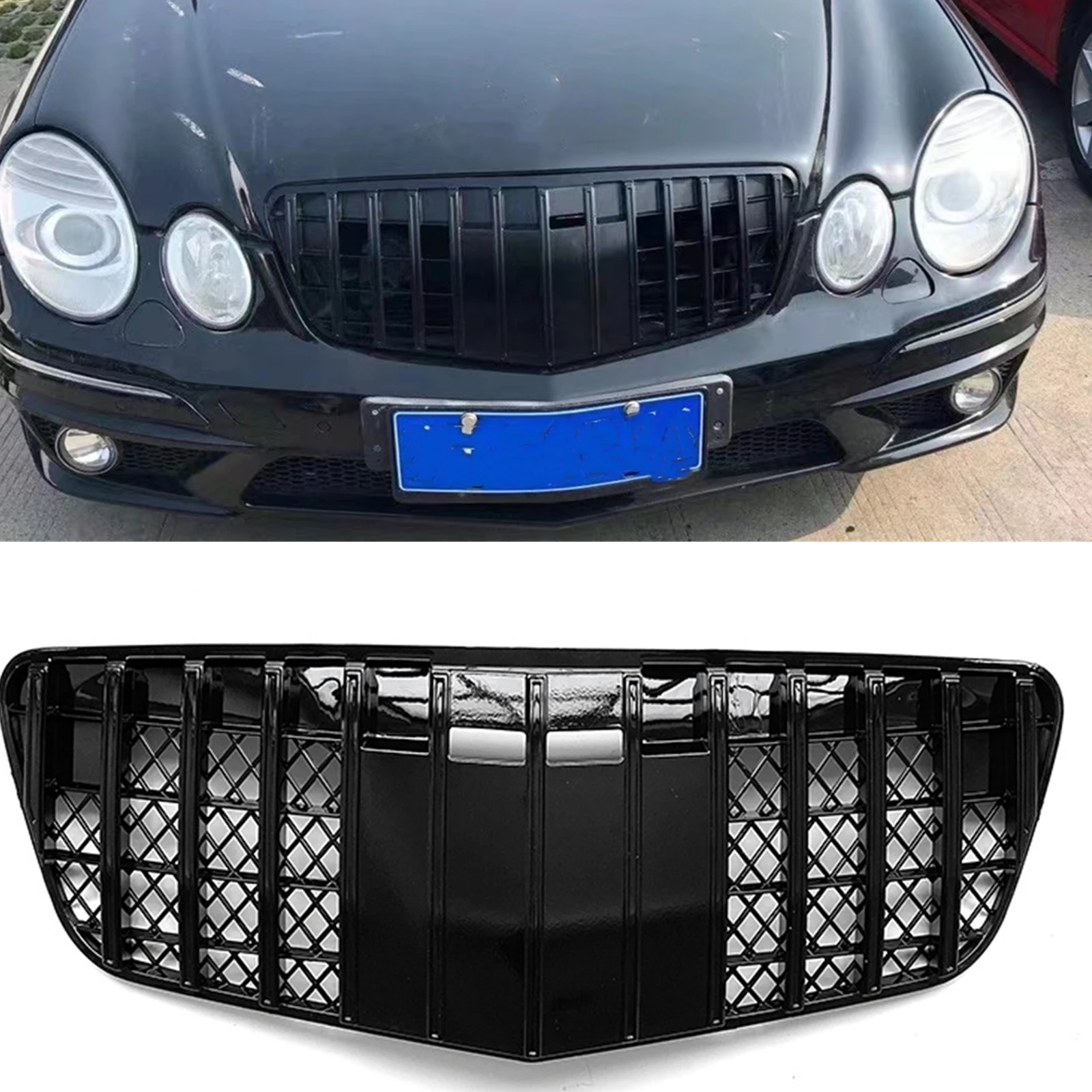 

Racing Grills For Mercedes Benz W211 E Class 2007 2008 2009 Chrome/Black Car Upper Bumper Hood Mesh Grid GT Style Front Grille