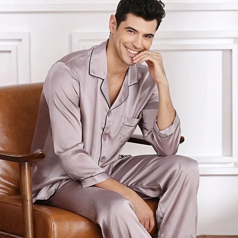 100% Mulberry Silk Pajamas Spring and Summer Long-sleeved Two-piece Set  Noble Men\'s Home Wear Silk Suit Sleepwear Nightwear